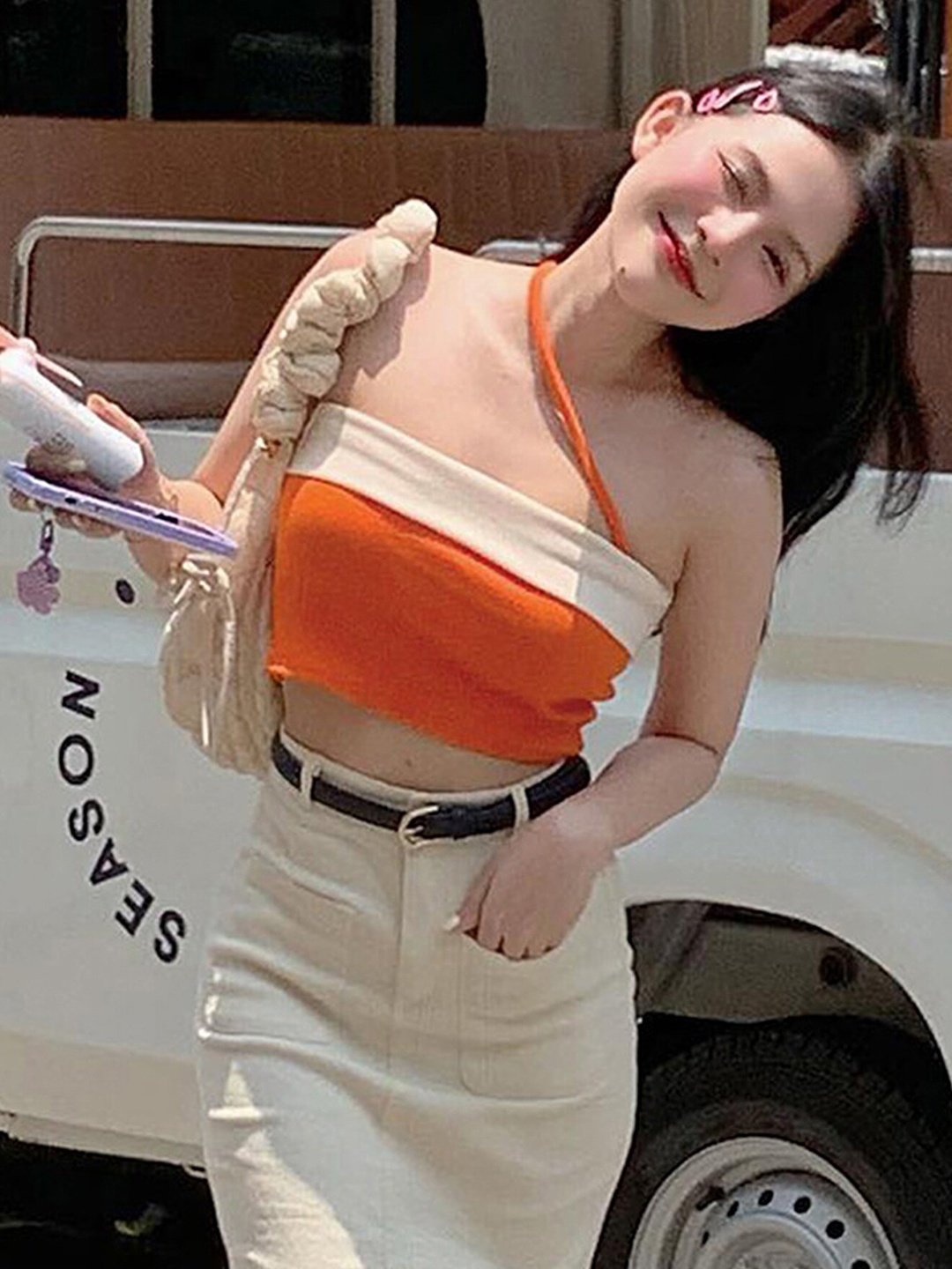 

LULU & SKY Colourblocked Shoulder Straps Fitted Top, Orange