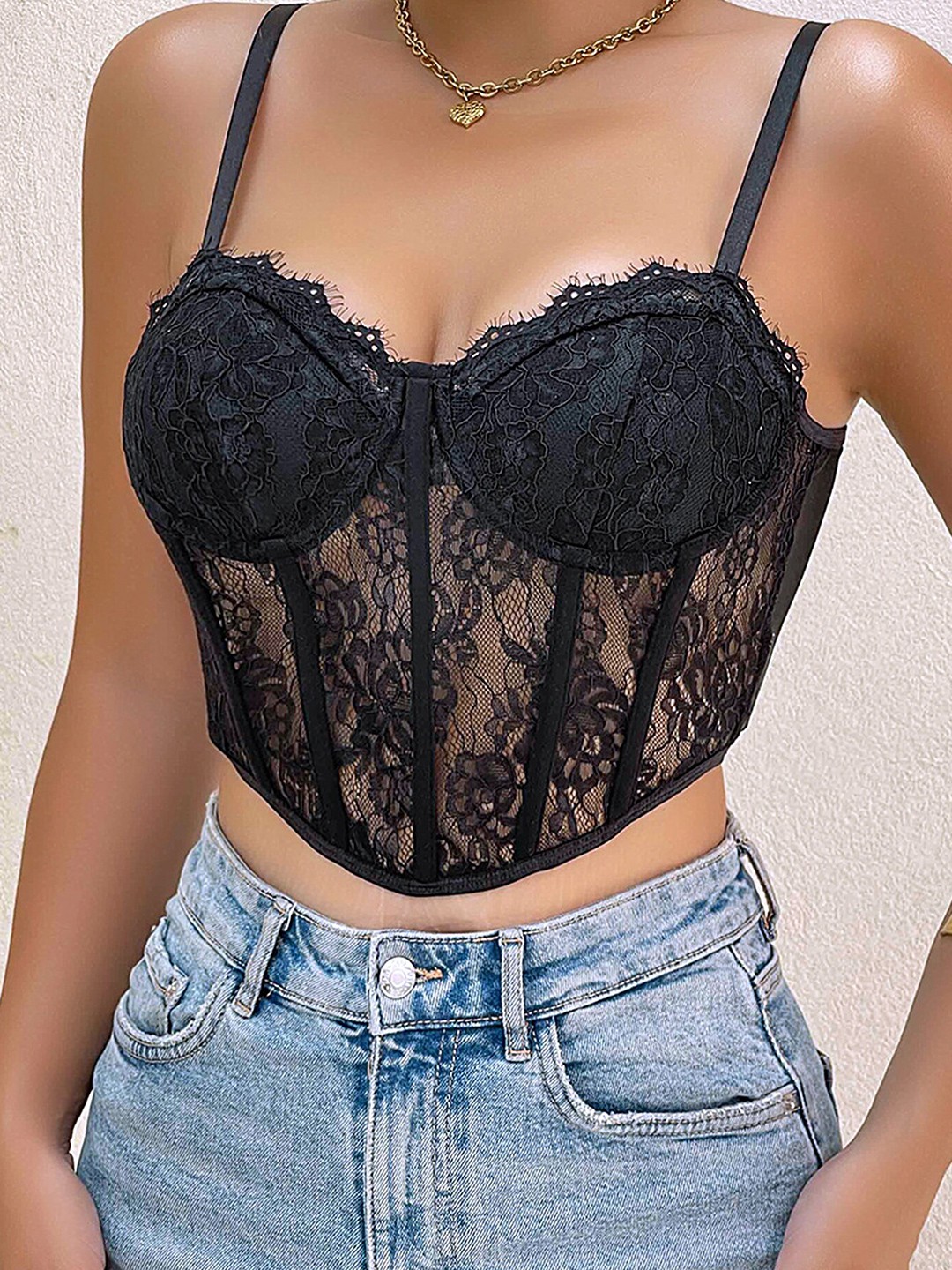 

LULU & SKY Embroidered Lace Styled Back Crop Top, Black