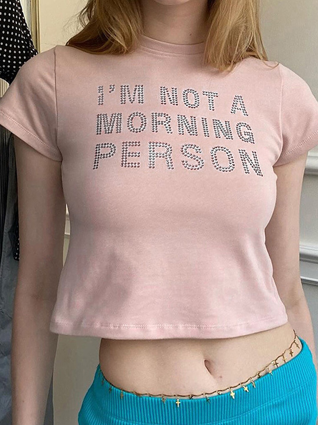 

LULU & SKY Typography Printed Embellished Crop T-shirt, Pink