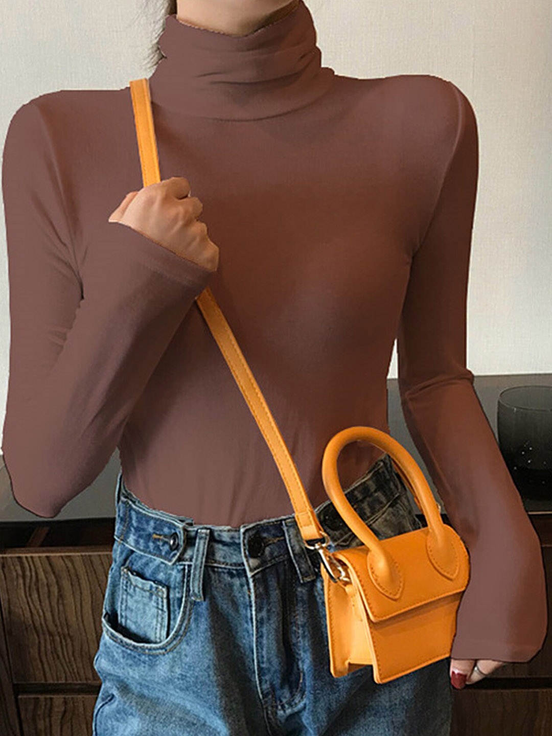 

LULU & SKY Turtle Neck Fitted Top, Brown