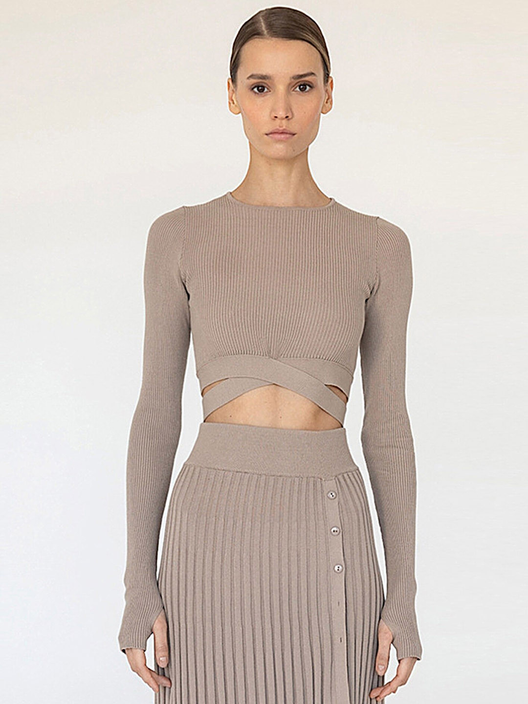 

LULU & SKY Ribbed Criss-Cross Detail Crop Fitted Top, Grey