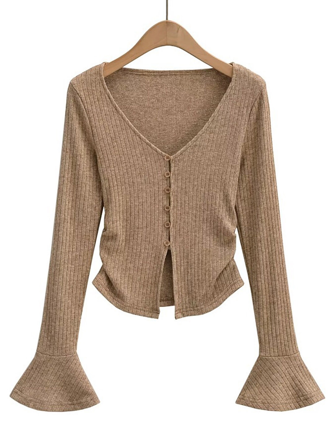 

LULU & SKY Self Design V-Neck Bell Sleeves Top, Khaki