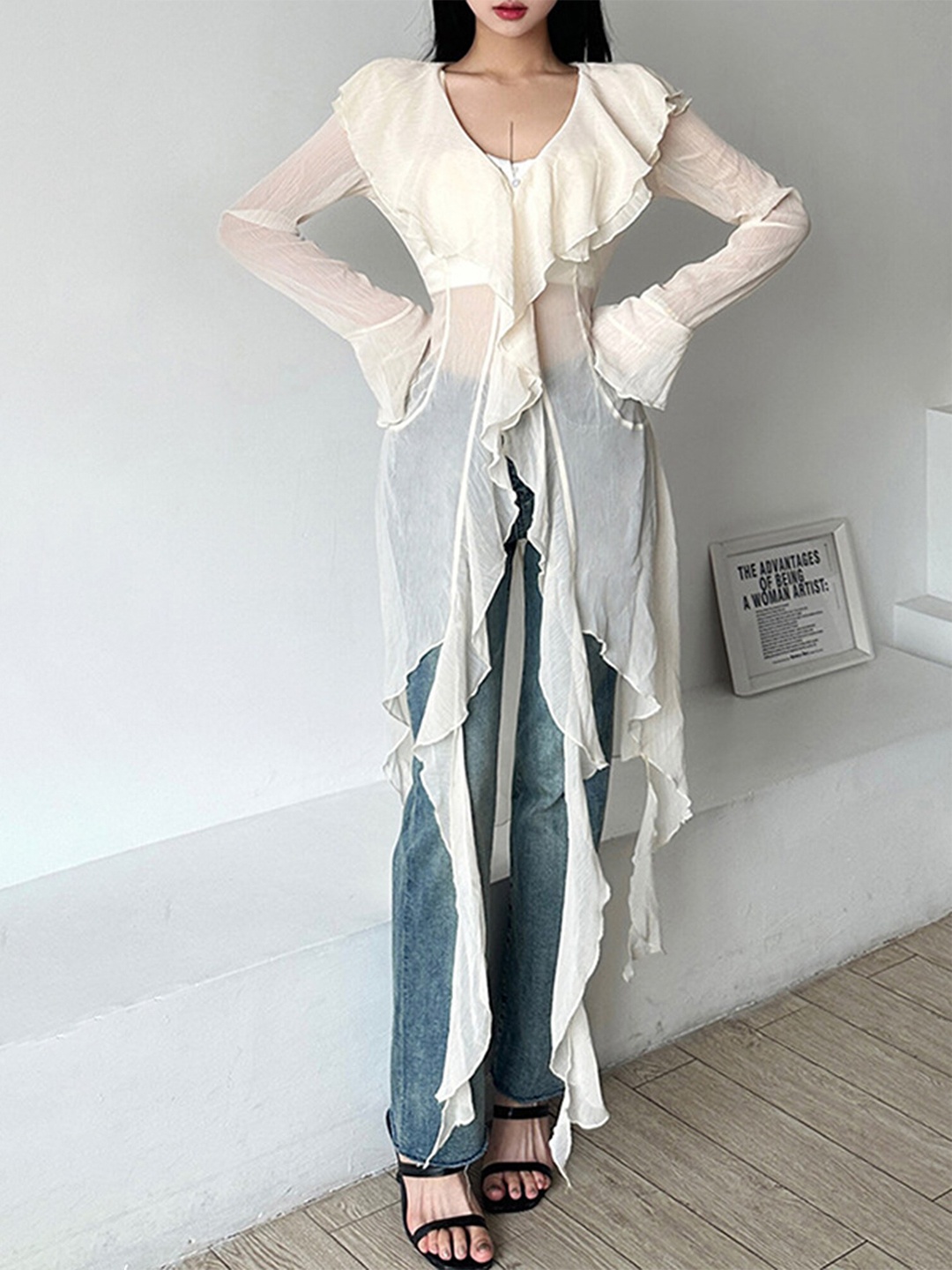 

LULU & SKY V-Neck Bell Sleeves Ruffles A-Line Longline Top, White