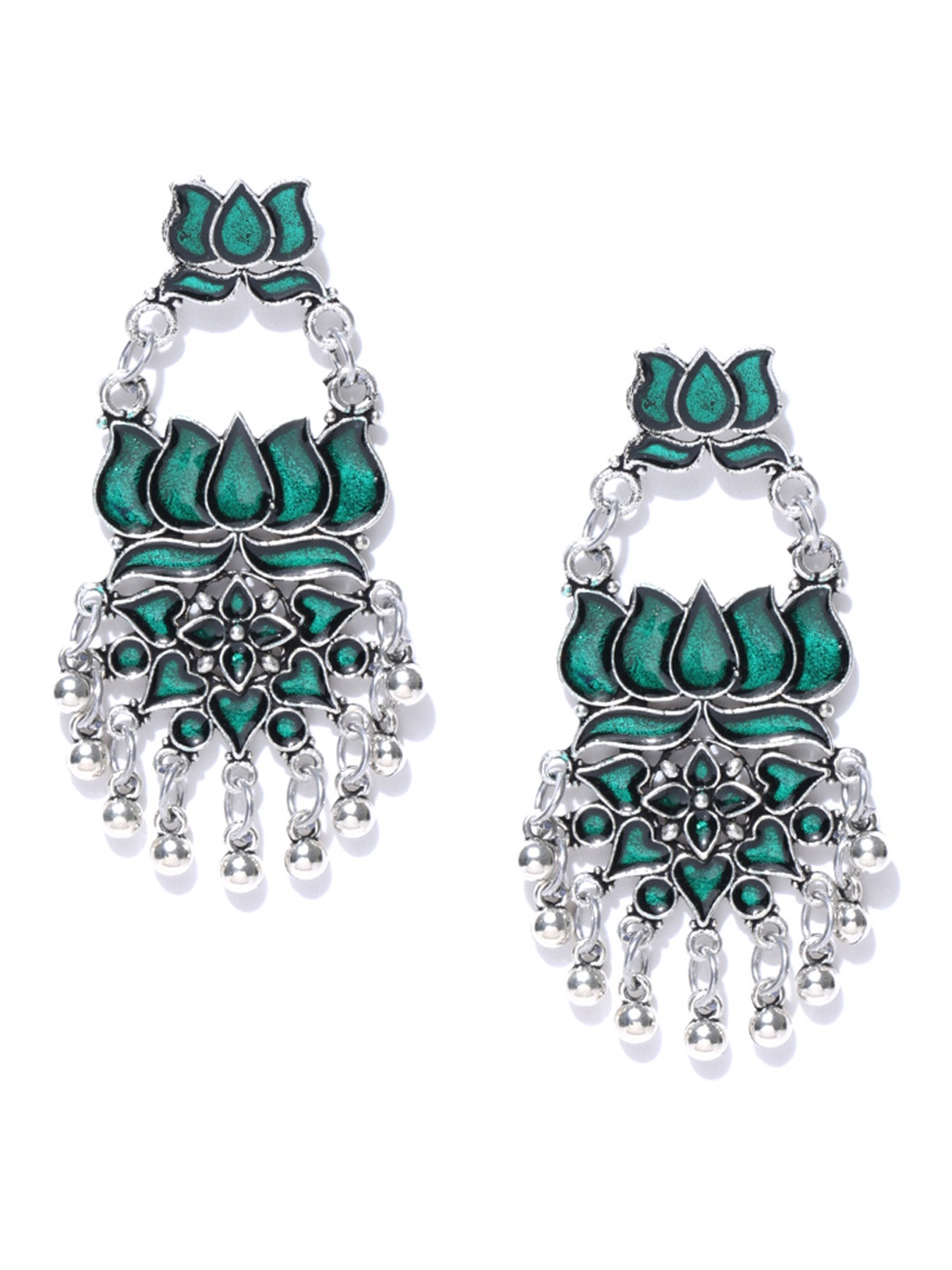 

Infuzze Green & Silver-Toned Enamelled Floral Drop Earrings