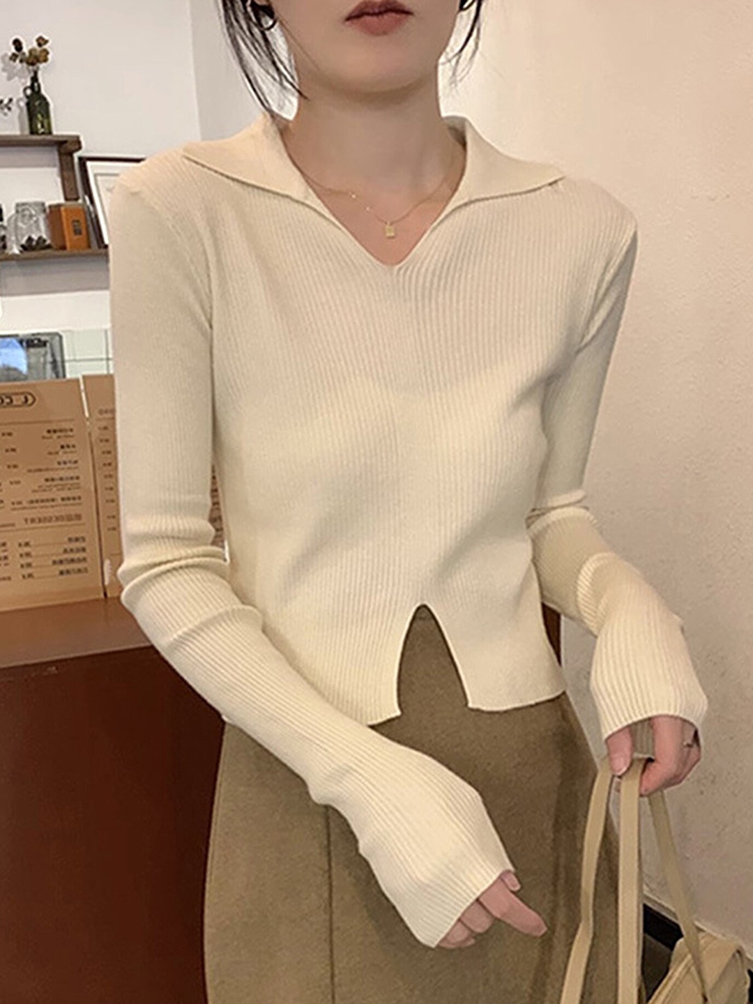 

LULU & SKY Vertical Stripes Shirt Collar Top, Beige