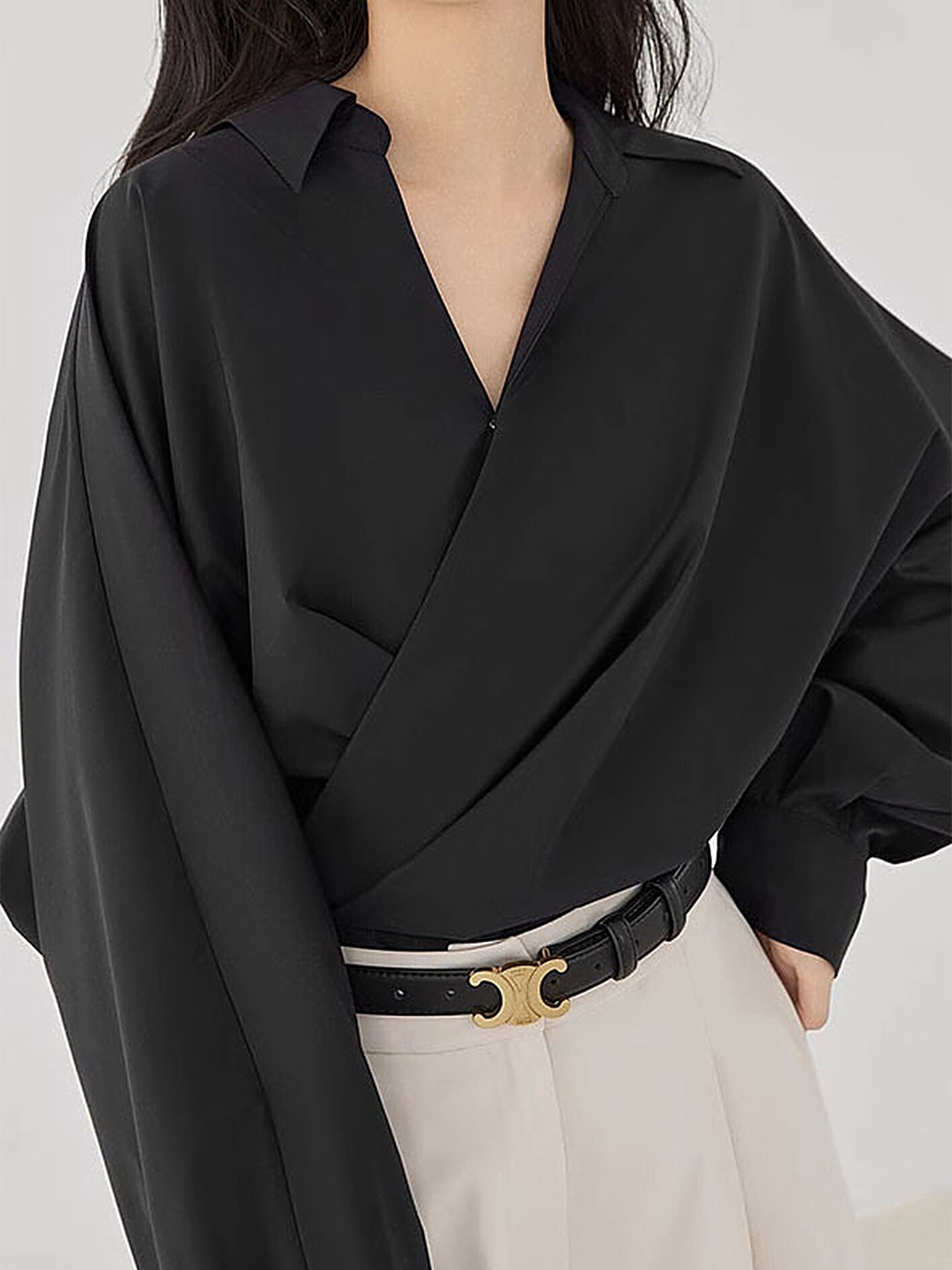 

LULU & SKY Shirt Collar Cuffed Sleeves Layered Shirt Style Top, Black