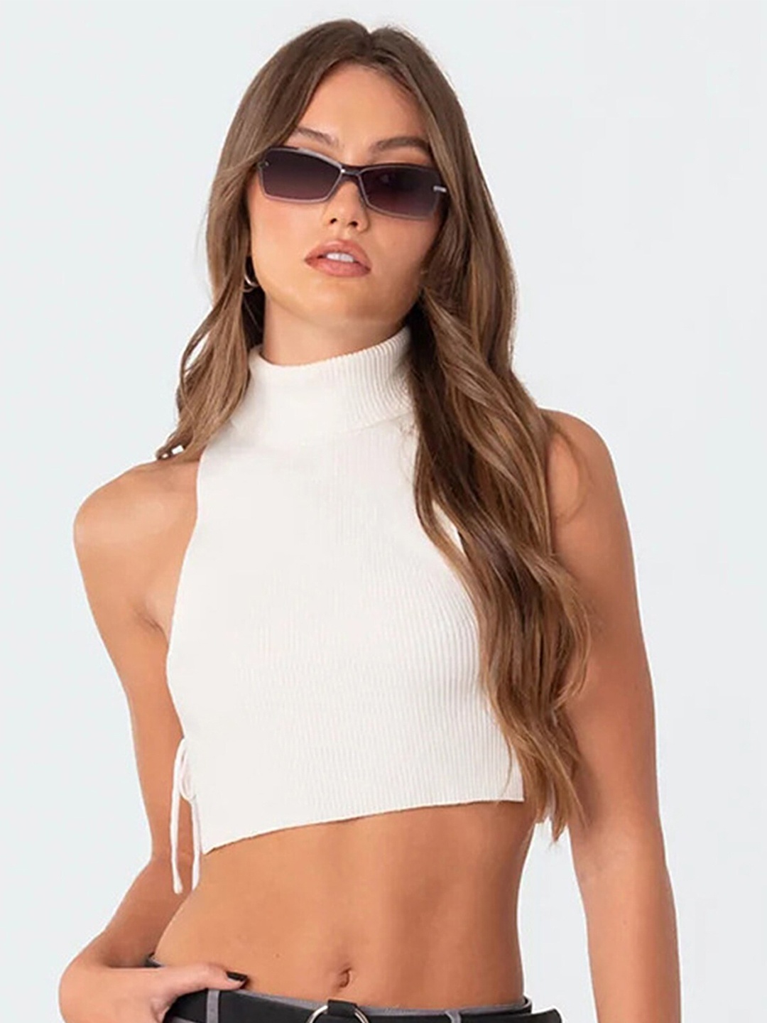 

LULU & SKY Turtle Neck Open-Side Tie-Up Neck Knitted Fitted Crop Top, White