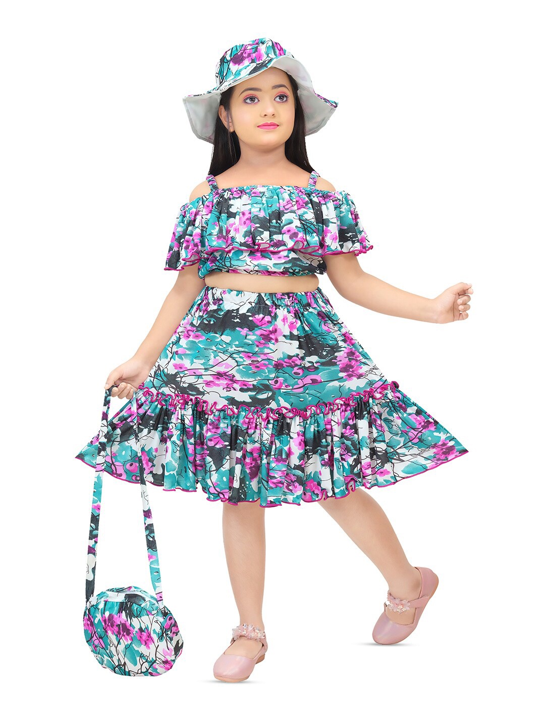 

BAESD Girls Printed Pure Cotton Top With Skirt, Green