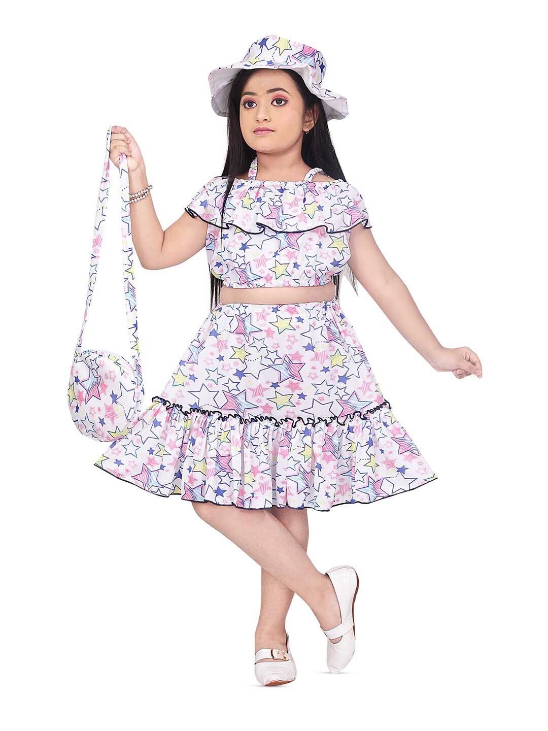 

BAESD Girls Printed Pure Cotton Top With Skirt, White