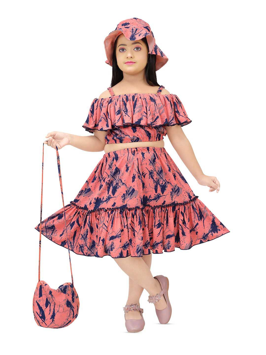 

BAESD Girls Printed Pure Cotton Top With Skirt, Peach