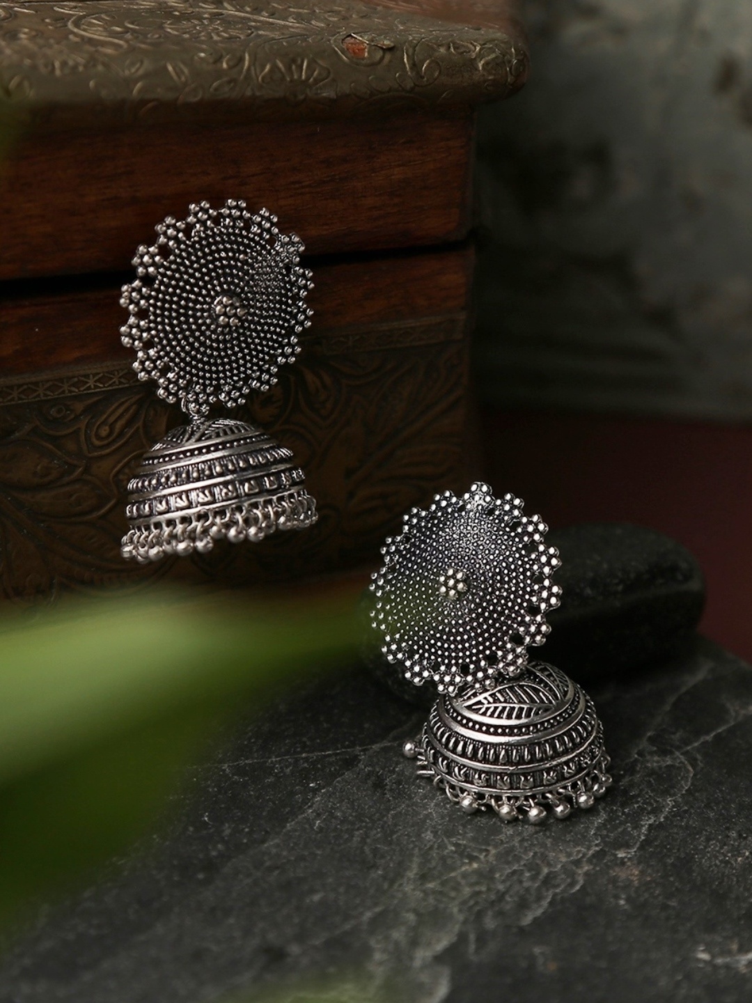 

Infuzze Oxidised Silver-Toned Dome Shaped Jhumkas