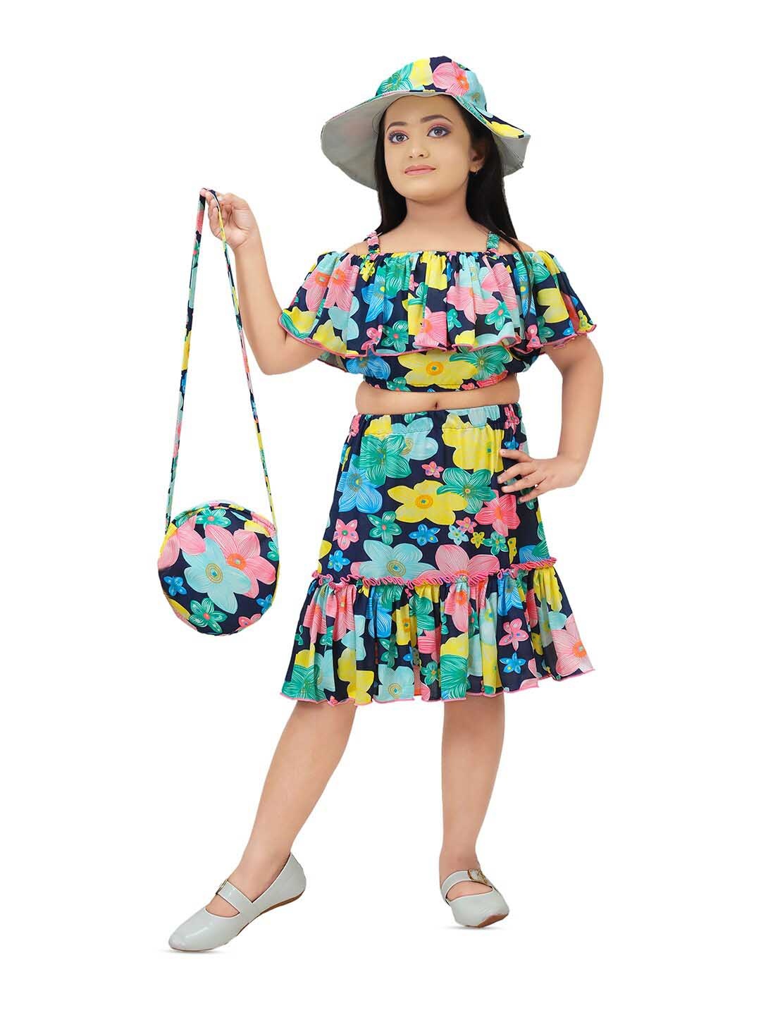 

BAESD Girls Floral Printed Ruffled Crop Cotton Top With Skirt, Blue