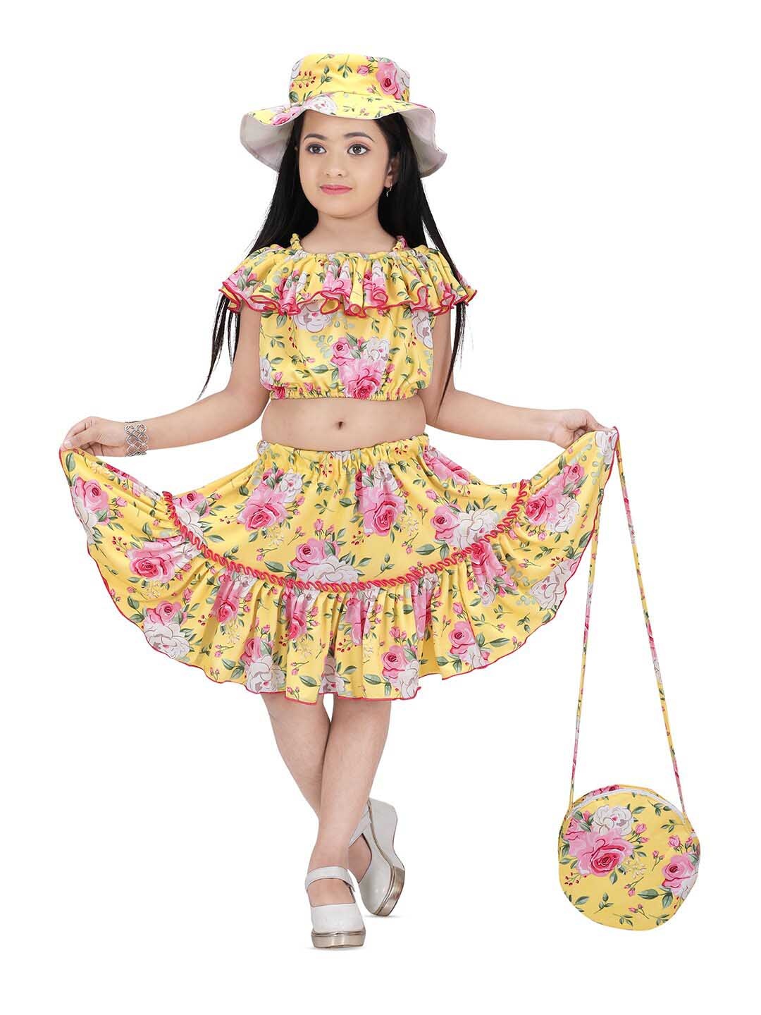 

BAESD Girls Floral Printed Ruffled Crop Cotton Top With Skirt, Yellow