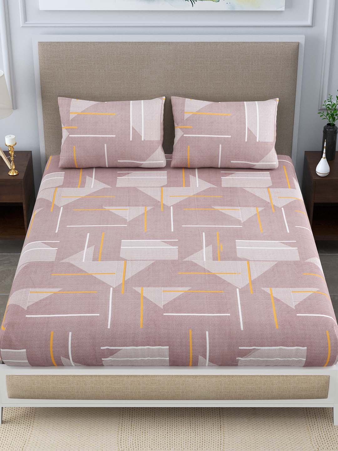 

FABROLI Taupe Geometric Microfiber 300 TC Queen Bedsheet with 2 Pillow Covers