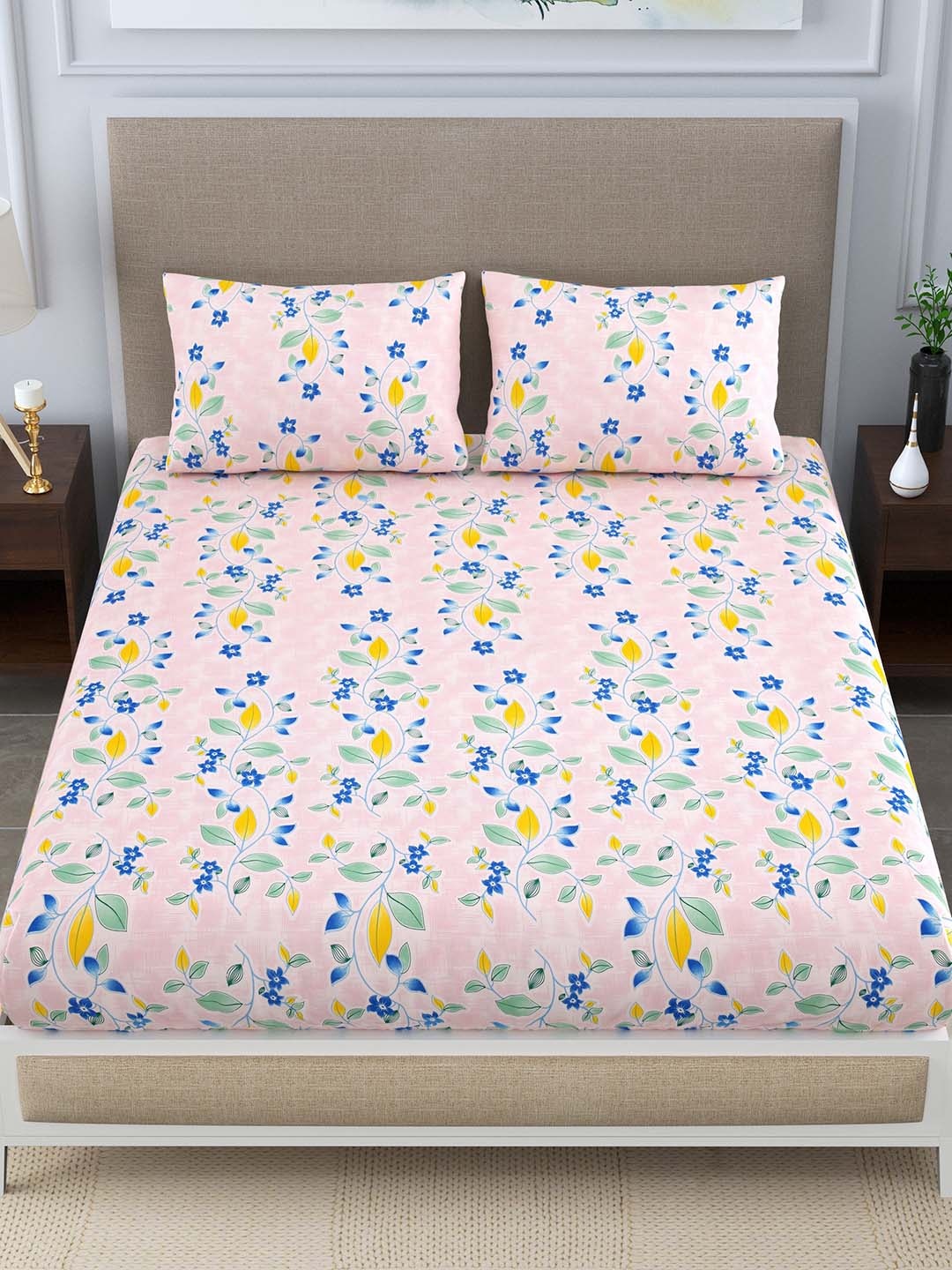 

FABROLI Pink & Blue Floral 300 TC Queen Bedsheet with 2 Pillow Covers