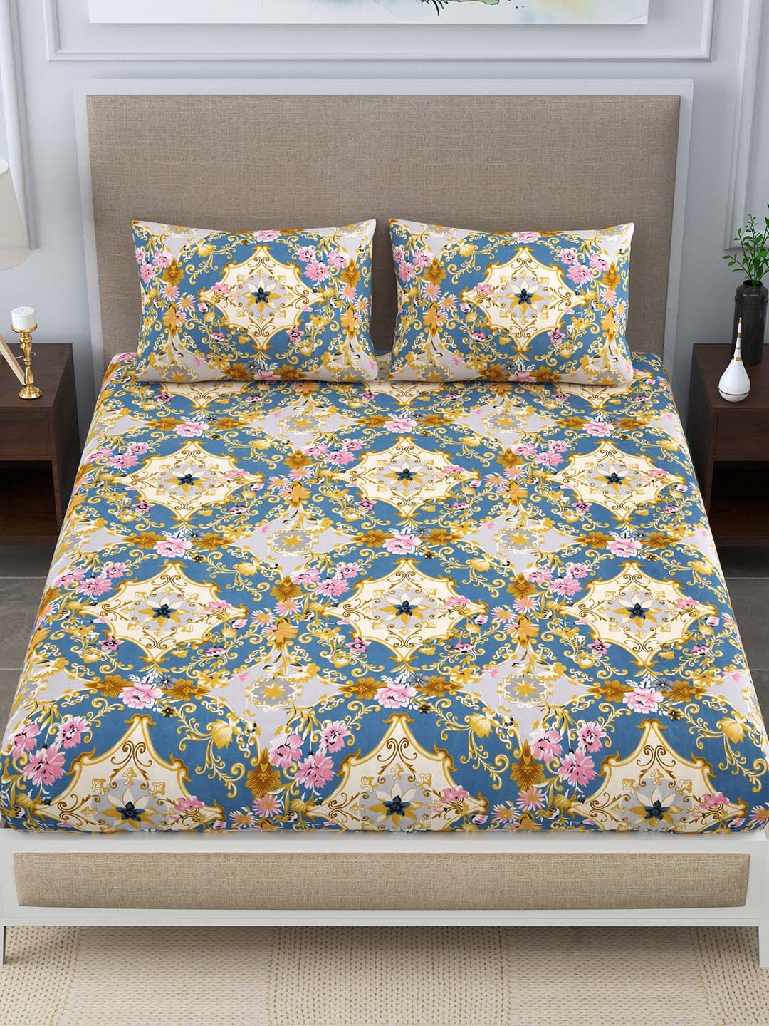 

FABROLI Floral Print 300 TC Queen Bedsheet with 2 Pillow Covers, Blue