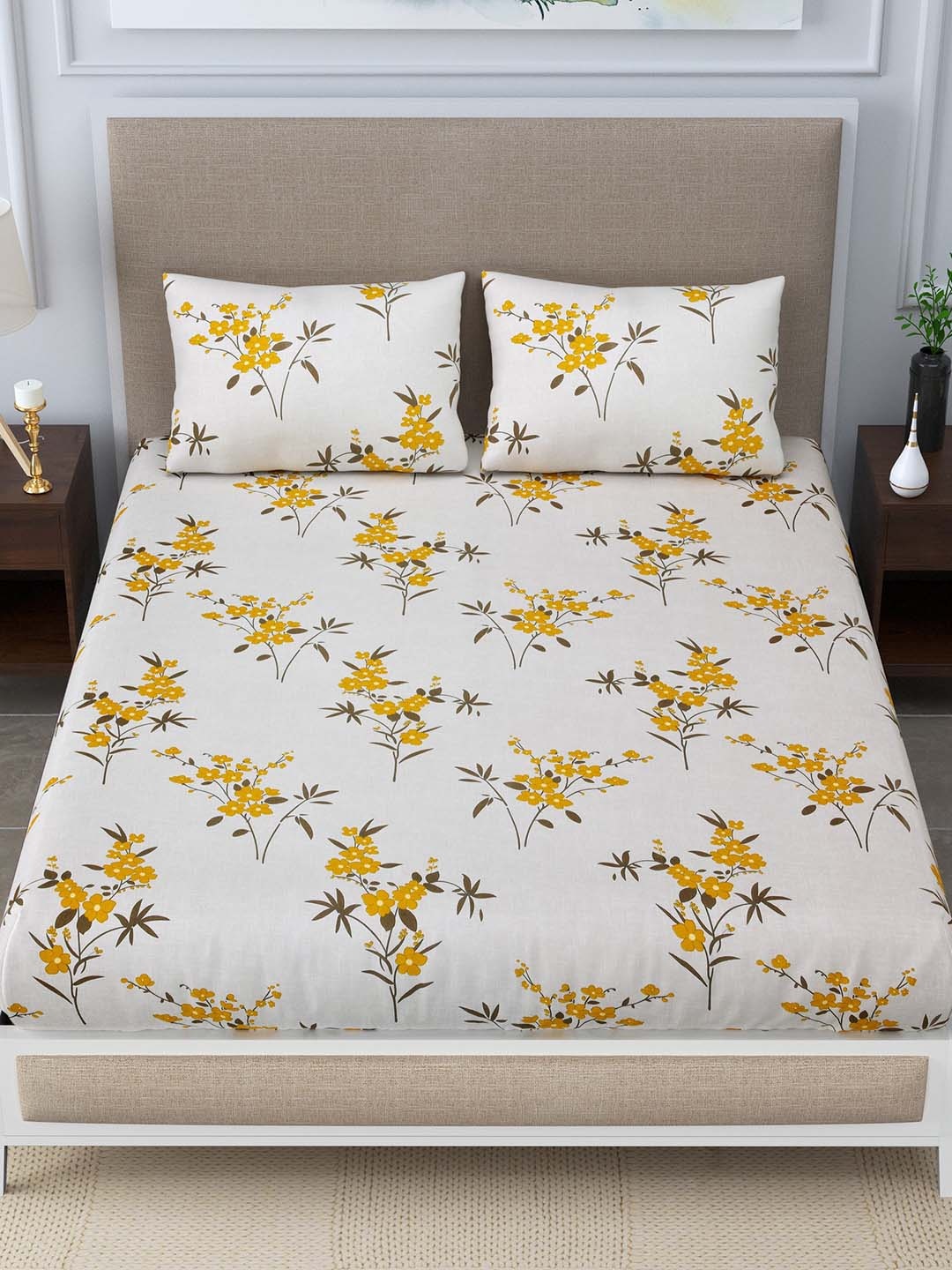 

FABROLI Beige & Yellow Floral 300 TC Queen Bedsheet with 2 Pillow Covers