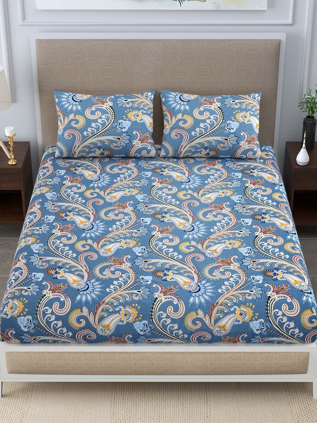 

FABROLI Blue & Beige Floral Cotton 300 TC Queen Bedsheet with 2 Pillow Covers