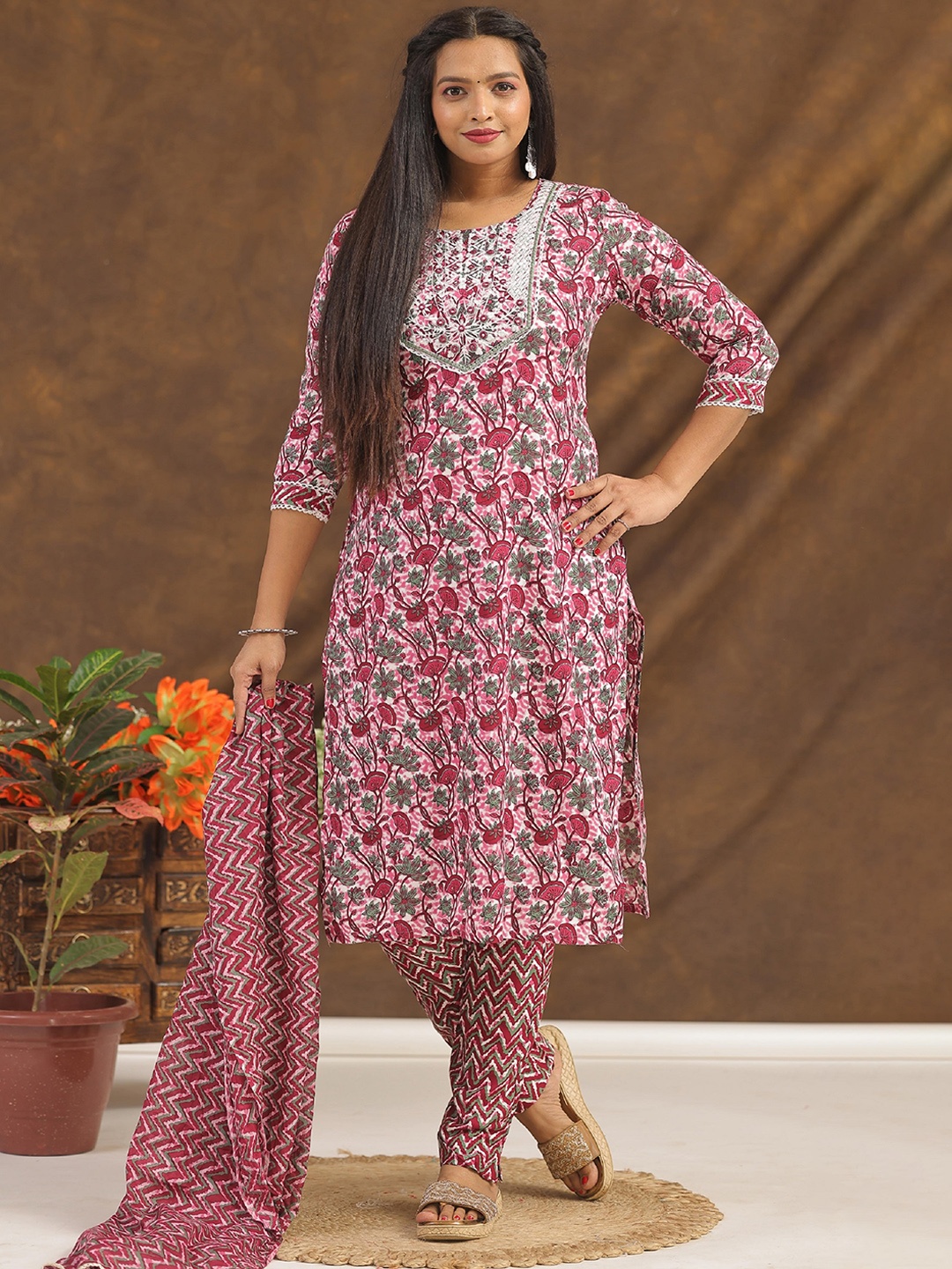 

KALINI Floral Printed Straight Kurta With Trousers & Dupatta, Pink