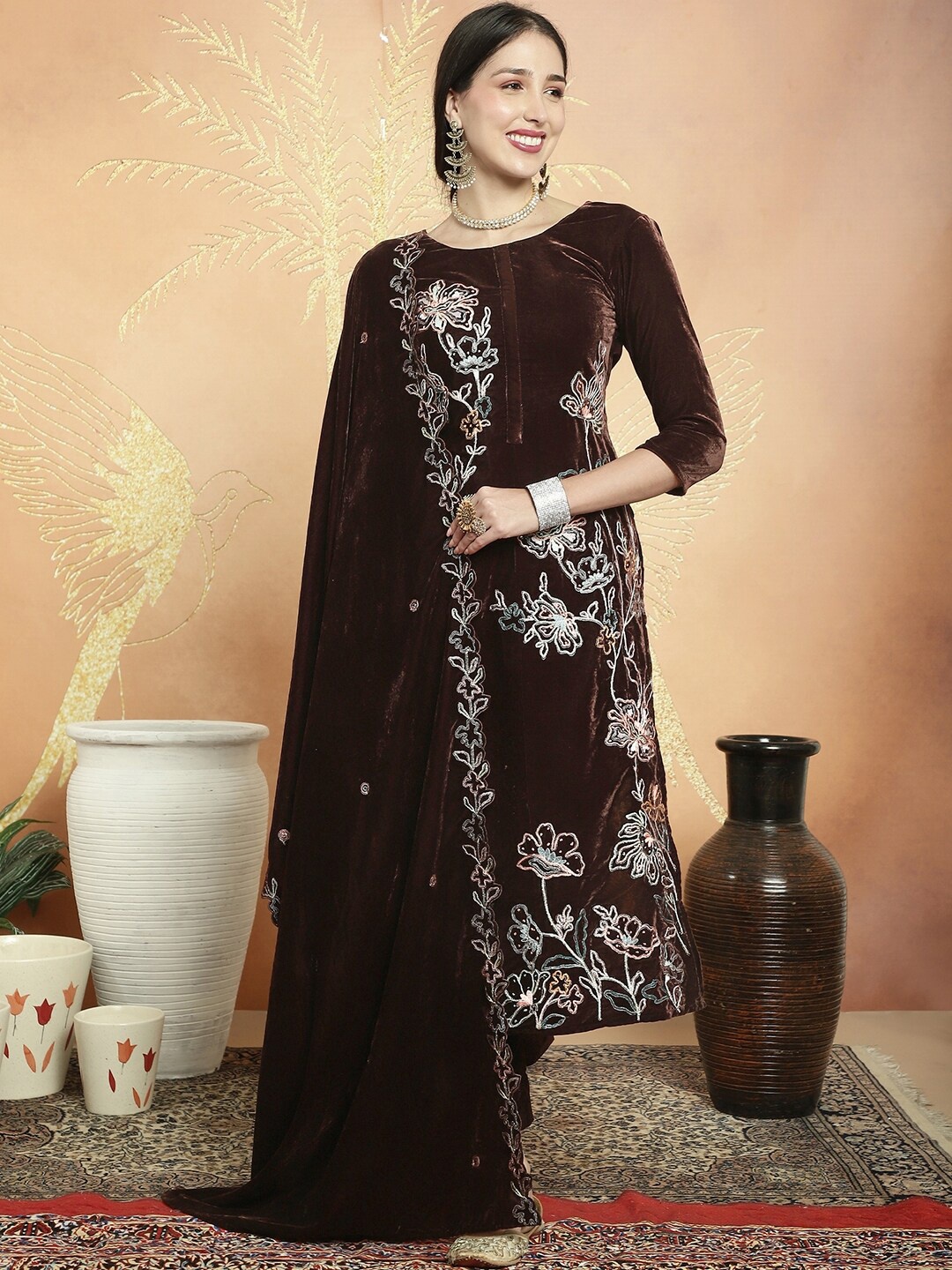 

Stylee LIFESTYLE Embroidered Velvet Unstitched Dress Material, Brown