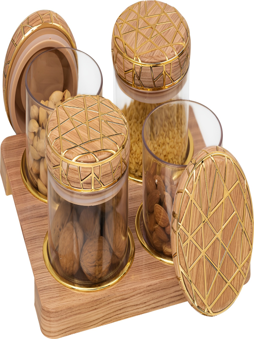 

SELVEL Brown 4 Pieces Wooden Grocery Container And Tray 500 ml Each