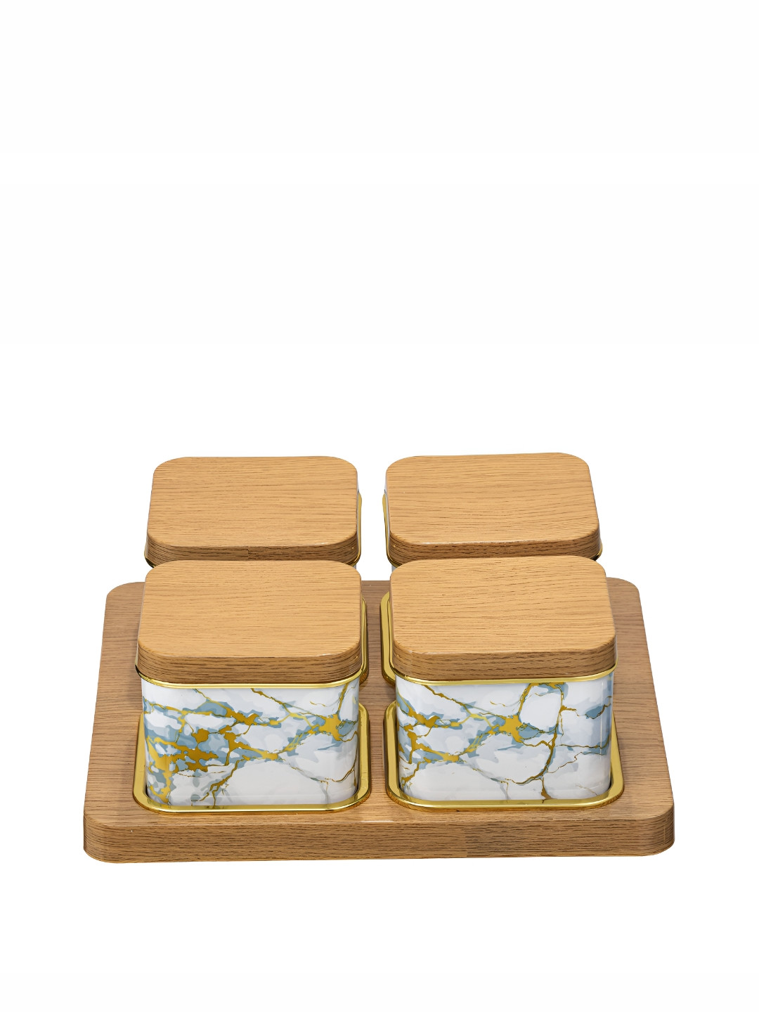 

SELVEL White & Beige 4 Pieces Printed Ceramic Grocery Container And Tray 500 ml Each