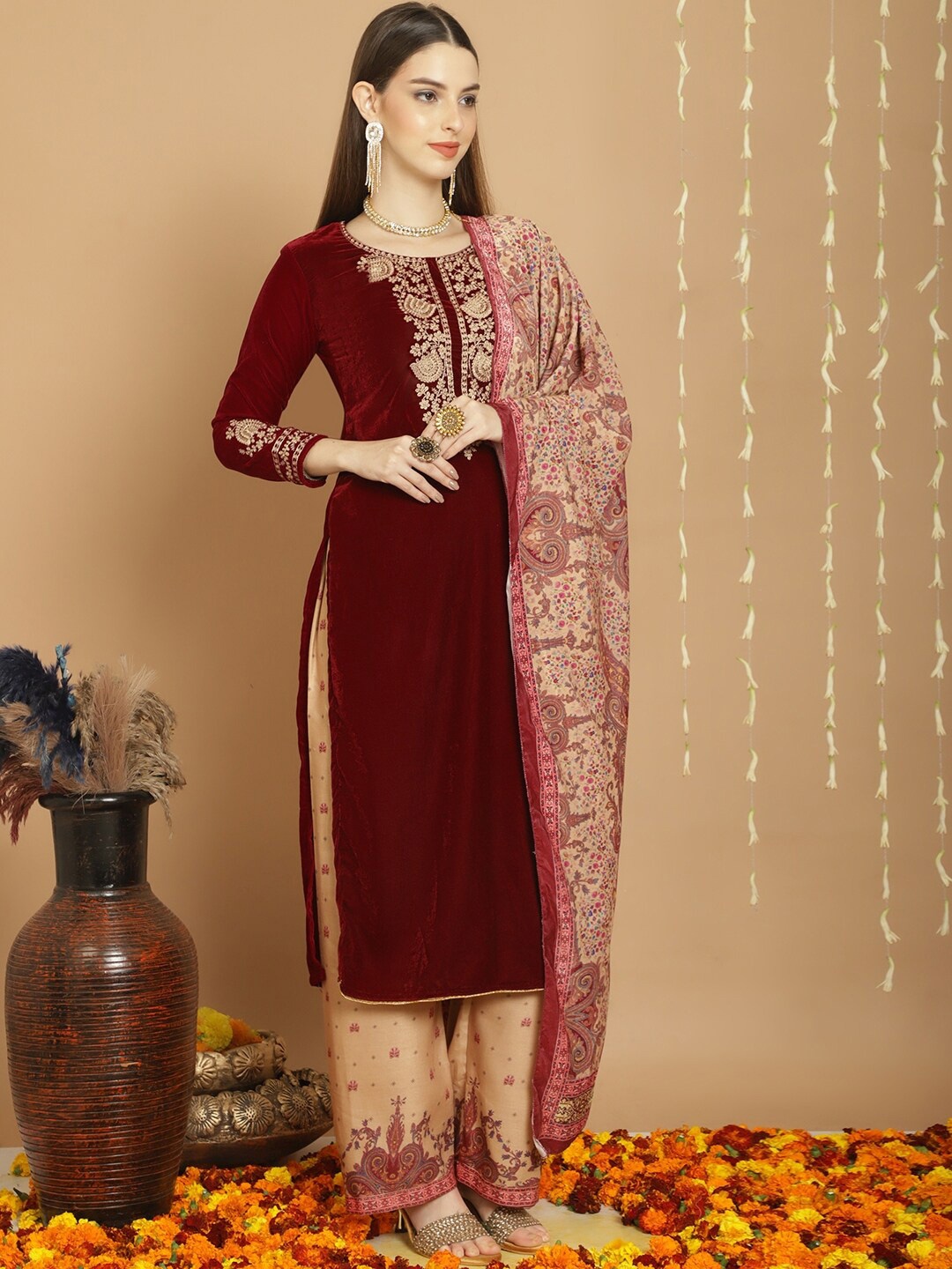 

Stylee LIFESTYLE Ethnic Motifs Embroidered Velvet Unstitched Dress Material, Maroon