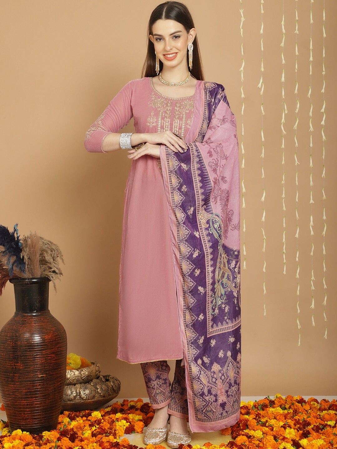 

Stylee LIFESTYLE Pink Embroidered Velvet Unstitched Dress Material
