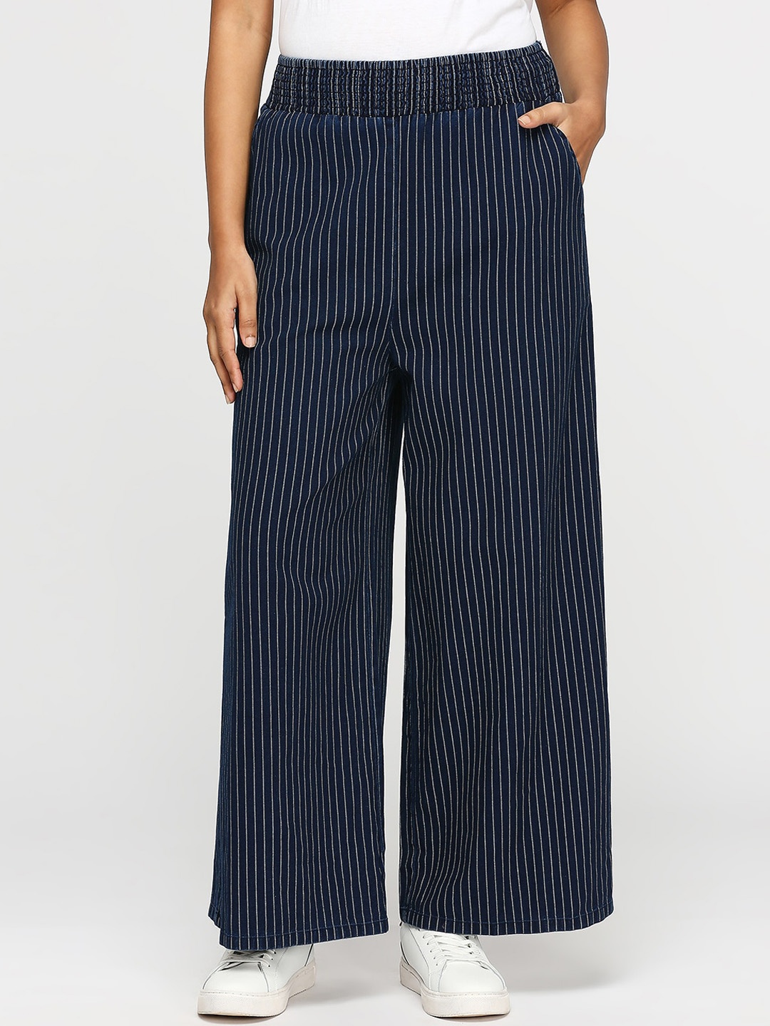 

Pepe Jeans Women Striped Comfort Flared High-Rise Pure Cotton Trousers, Blue