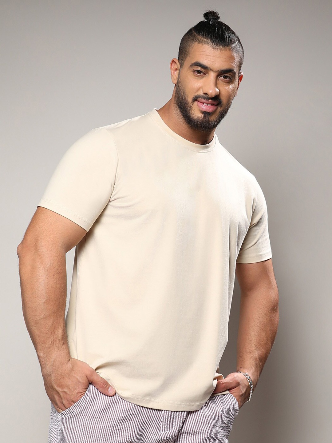 

Instafab Plus Regular Fit Cotton Knitted T-shirt, Beige