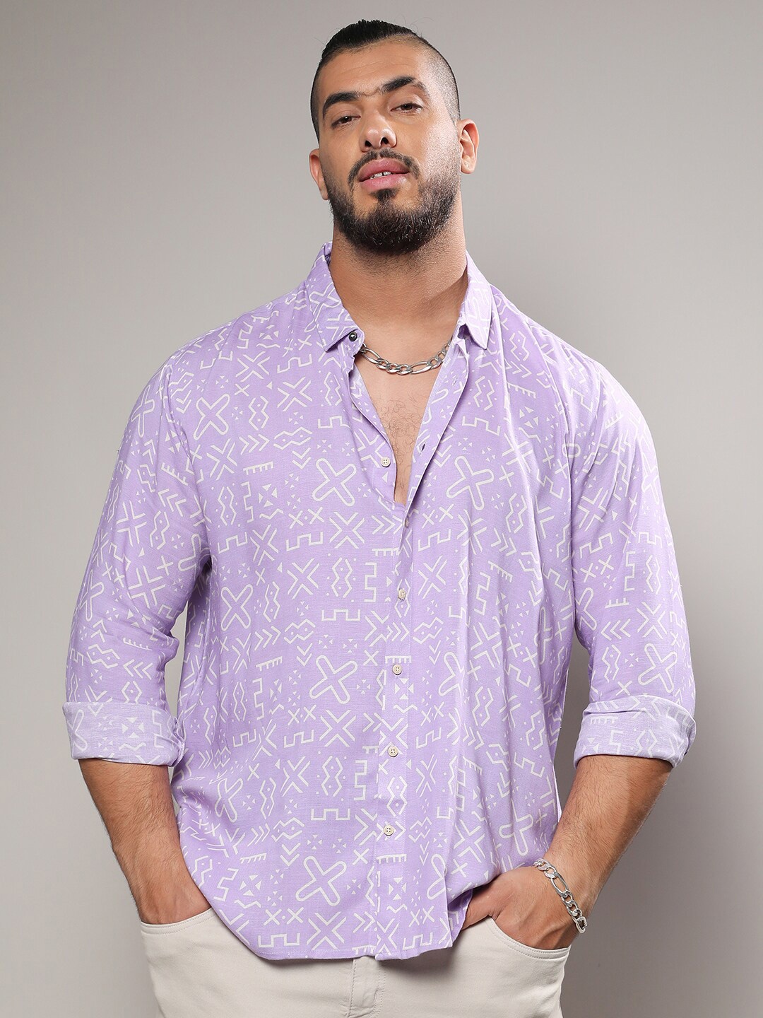 

Instafab Plus Geometric Printed Classic Casual Shirt, Lavender