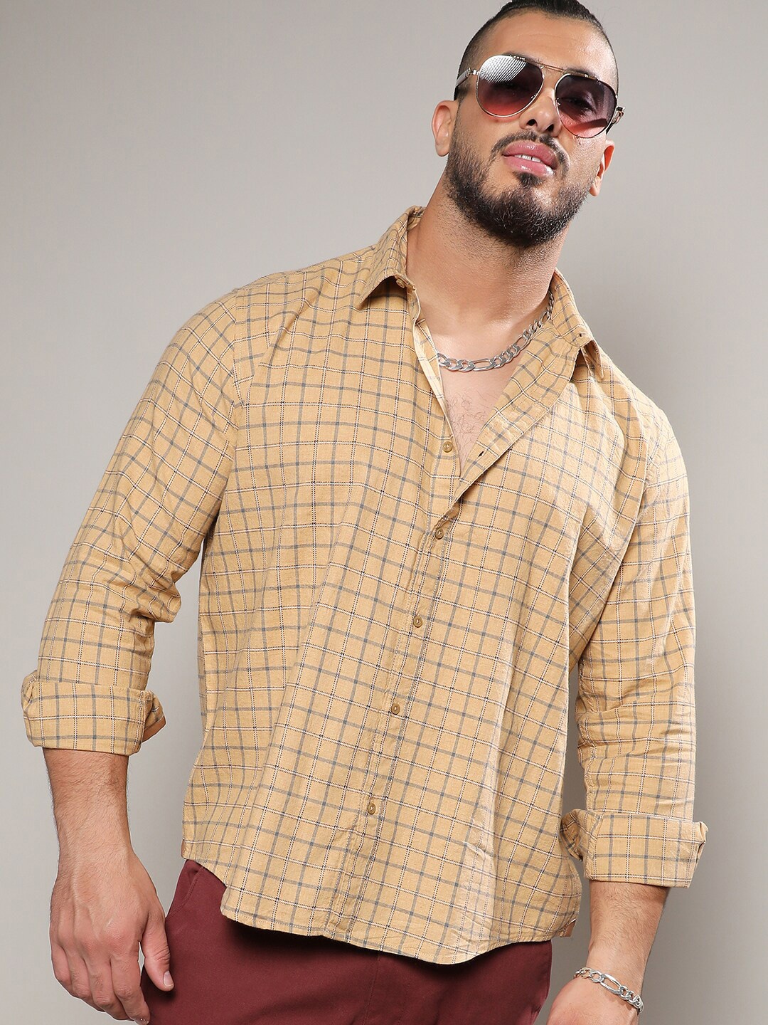 

Instafab Plus Classic Checked Cotton Casual Shirt, Beige