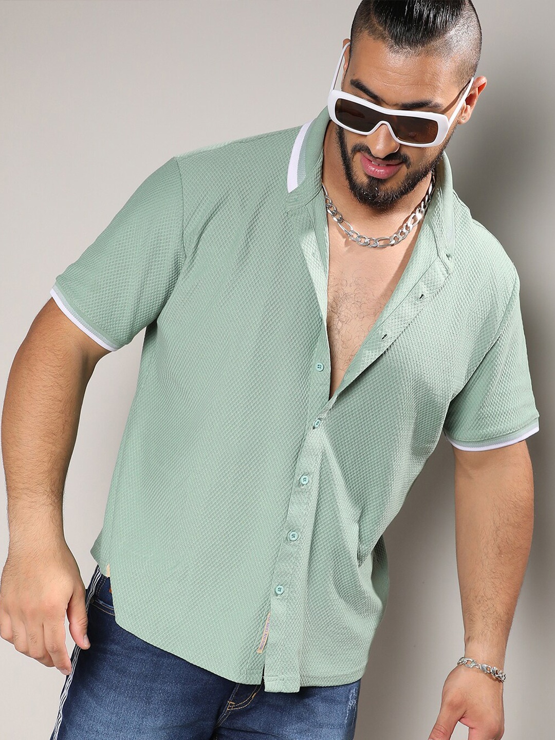 

Instafab Plus Textured Classic Cotton Casual Shirt, Sea green