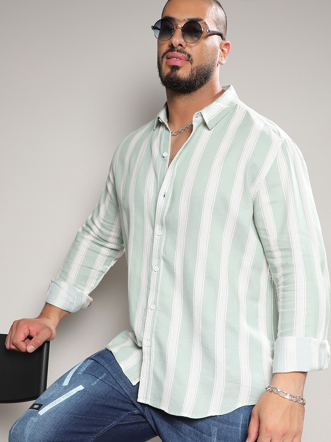 

Instafab Plus Striped Spread Collar Classic Cotton Casual Shirt, Sea green