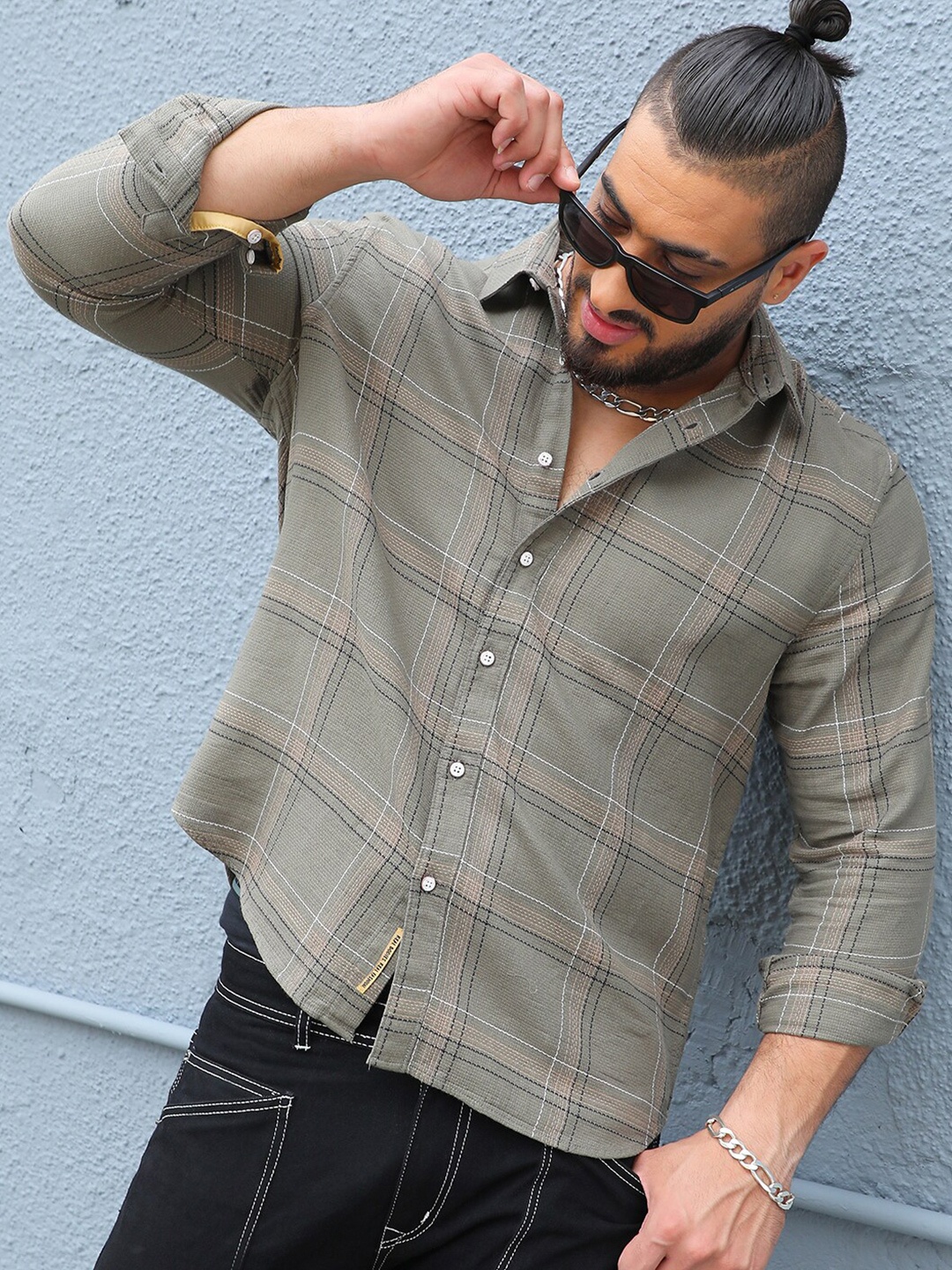

Instafab Plus Classic Tartan Checked Cotton Casual Shirt, Olive
