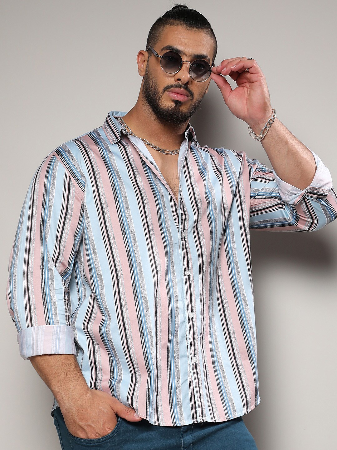 

Instafab Plus Classic Striped Cotton Casual Shirt, Pink