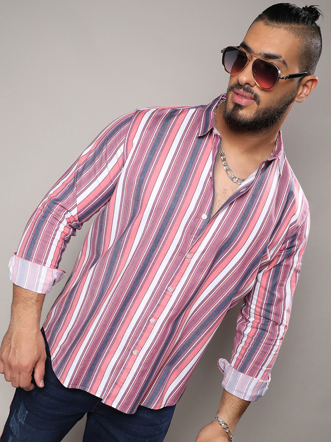 

Instafab Plus Classic Striped Cotton Casual Shirt, Pink