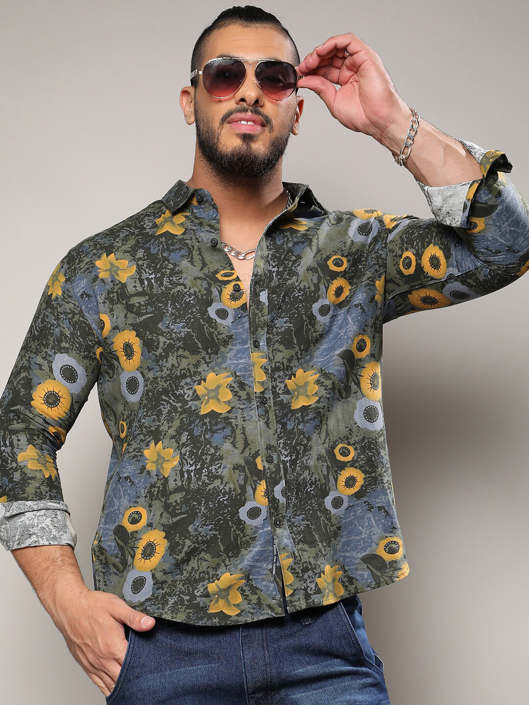 

Instafab Plus Size Classic Printed Cotton Casual Shirt, Green