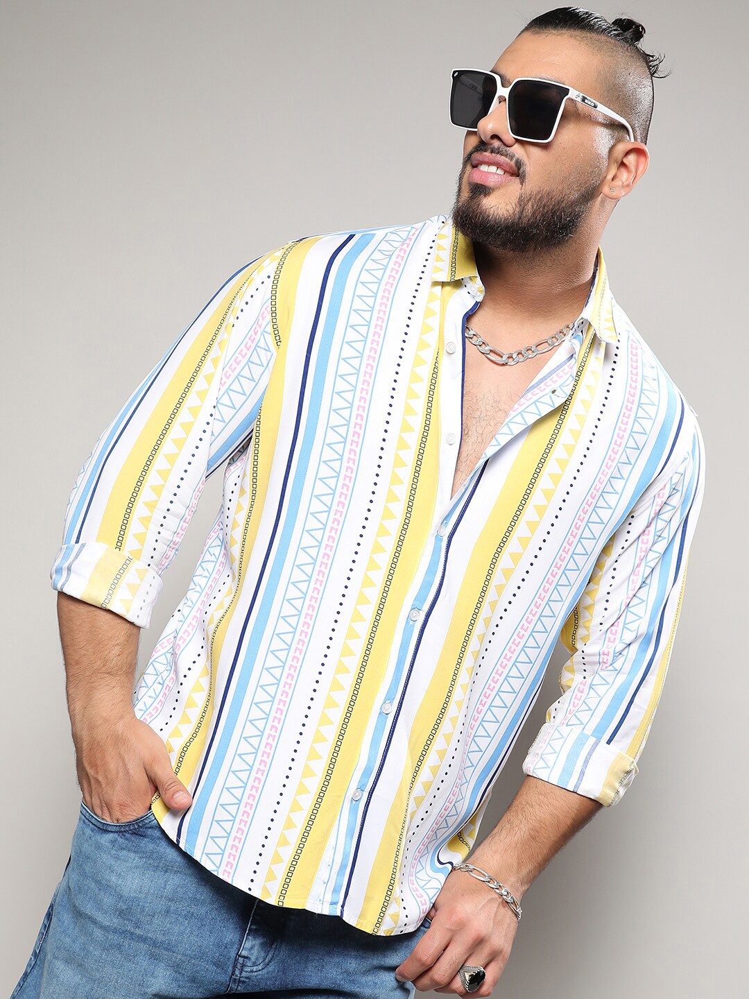 

Instafab Plus Size Classic Geometric Printed Casual Shirt, White