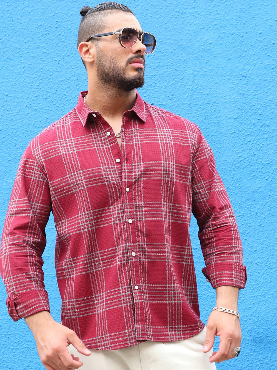 

Instafab Plus Classic Tartan Checked Spread Collar Cotton Casual Shirt, Maroon
