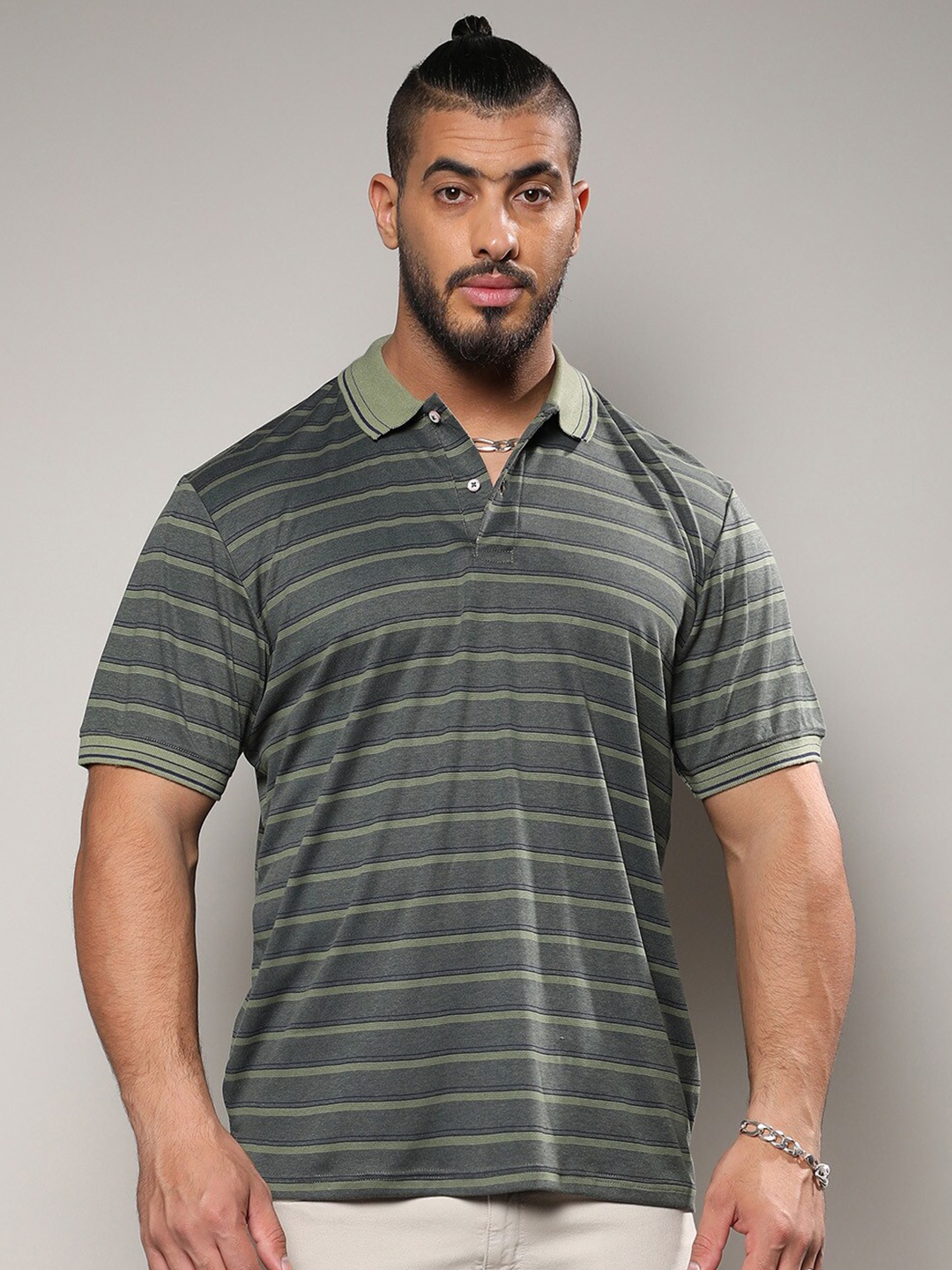 

Instafab Plus Striped Polo Collar Cotton Knitted T-shirt, Charcoal