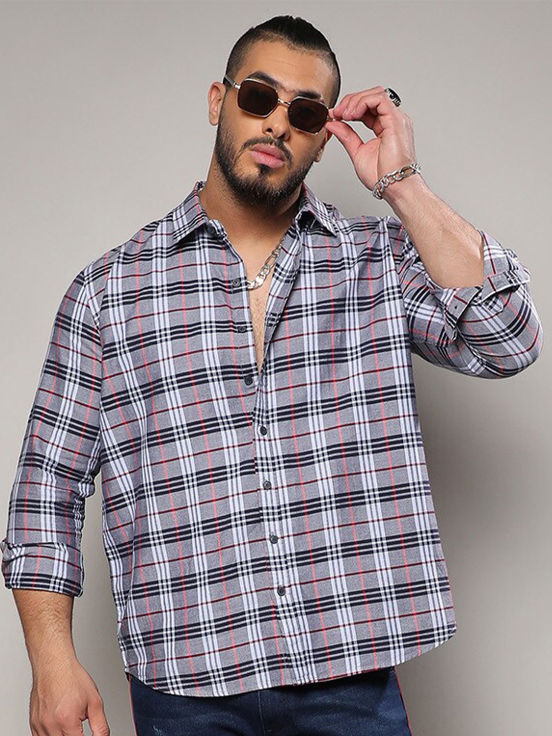 

Instafab Plus Classic Tartan Checked Spread Collar Cotton Casual Shirt, Grey