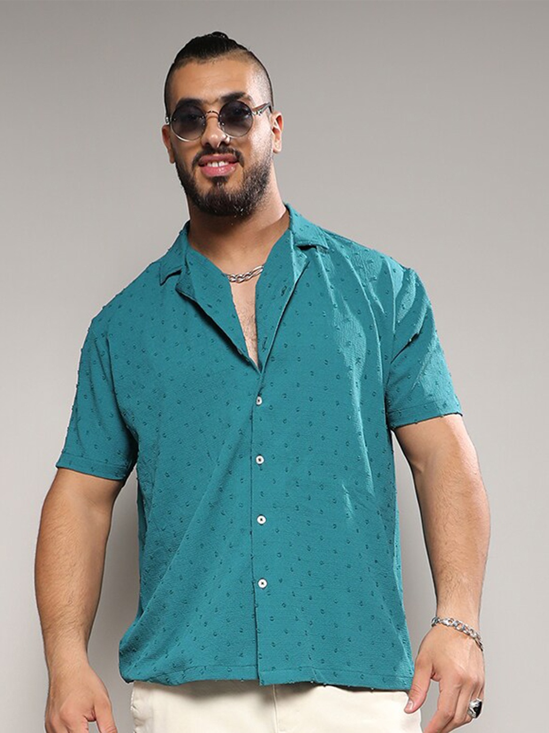 

Instafab Plus Self Design Classic Casual Shirt, Teal