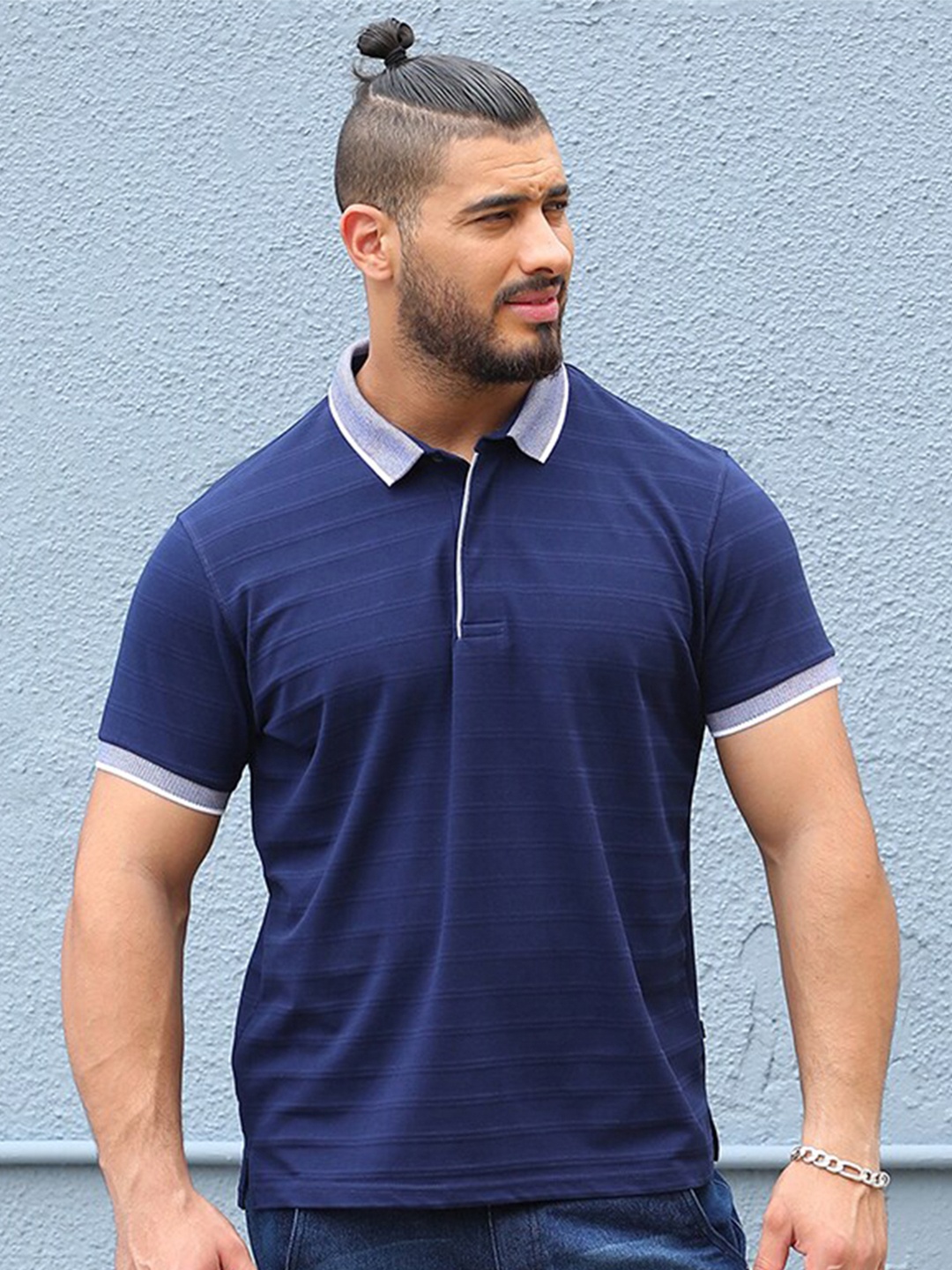 

Instafab Plus Striped Polo Collar Cotton T-shirt, Blue