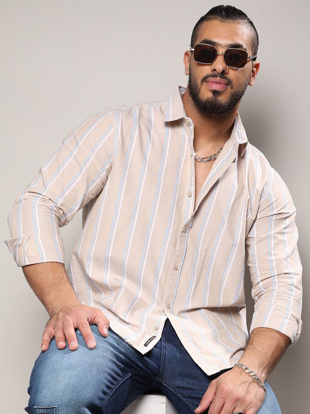 

Instafab Plus Classic Vertical Striped Cotton Casual Shirt, Beige