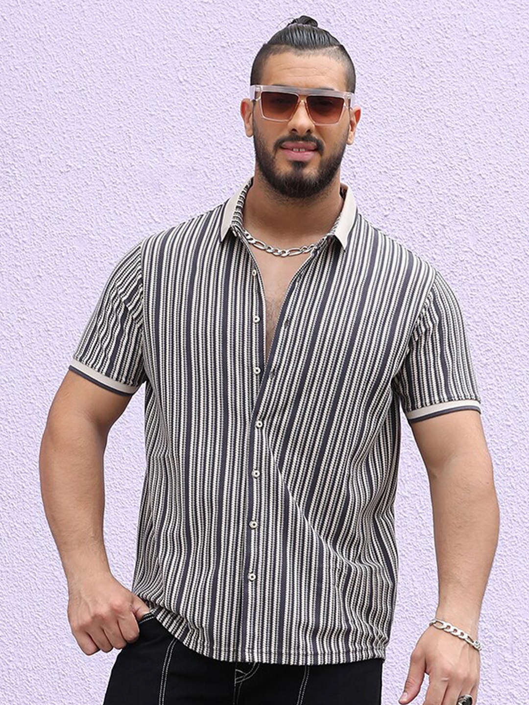 

Instafab Plus Classic Vertical Striped Cotton Casual Shirt, Grey