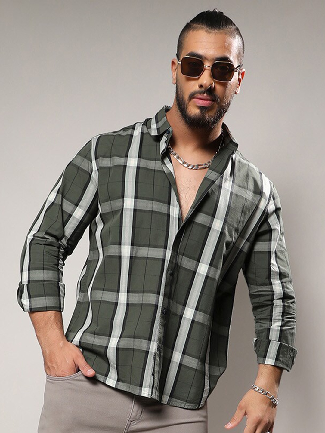 

Instafab Plus Classic Tartan Checked Cotton Casual Shirt, Green