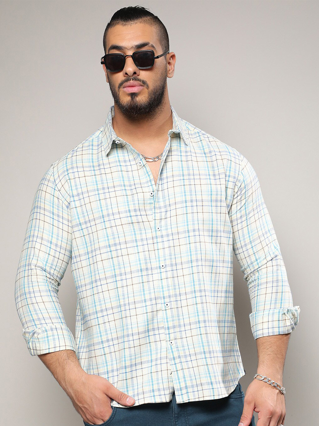 

Instafab Plus Classic Tartan Checked Cotton Casual Shirt, Off white