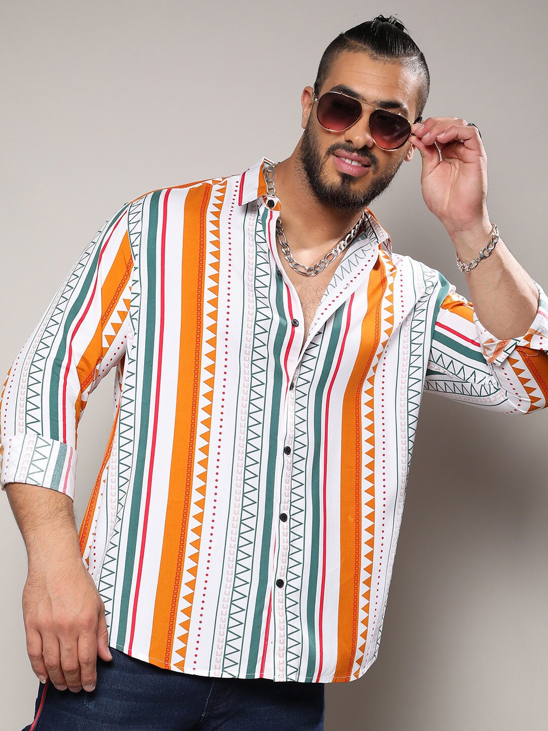 

Instafab Plus Classic Striped Spread Collar Casual Shirt, White