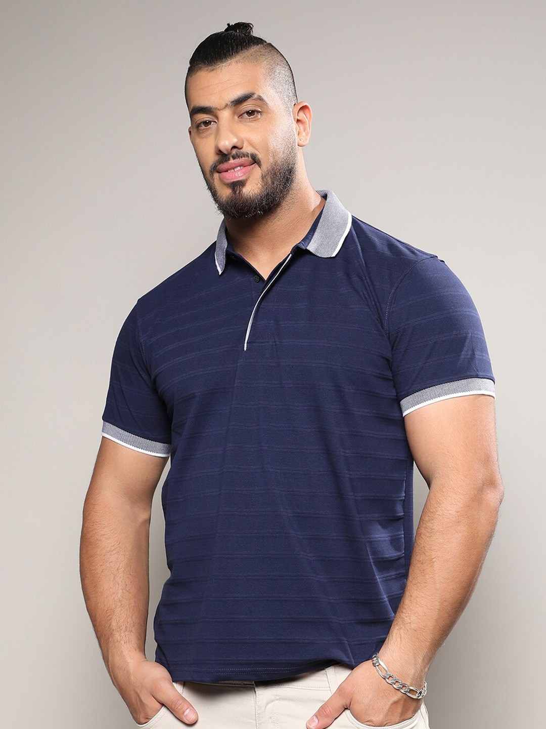 

Instafab Plus Striped Polo Collar Cotton T-shirt, Navy blue